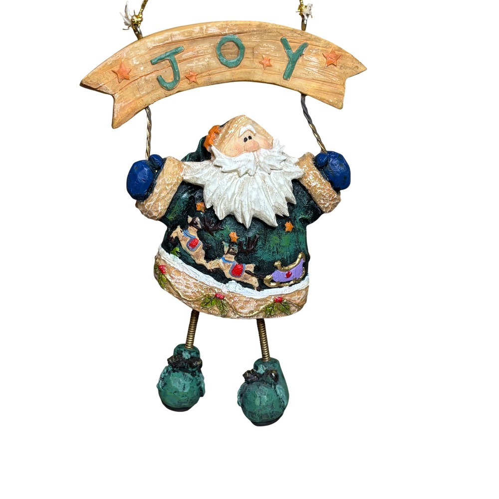 Rustic Resin Santa Claus Joy Banner Ornament Green Coat Dangle Legs 5in Vintage
